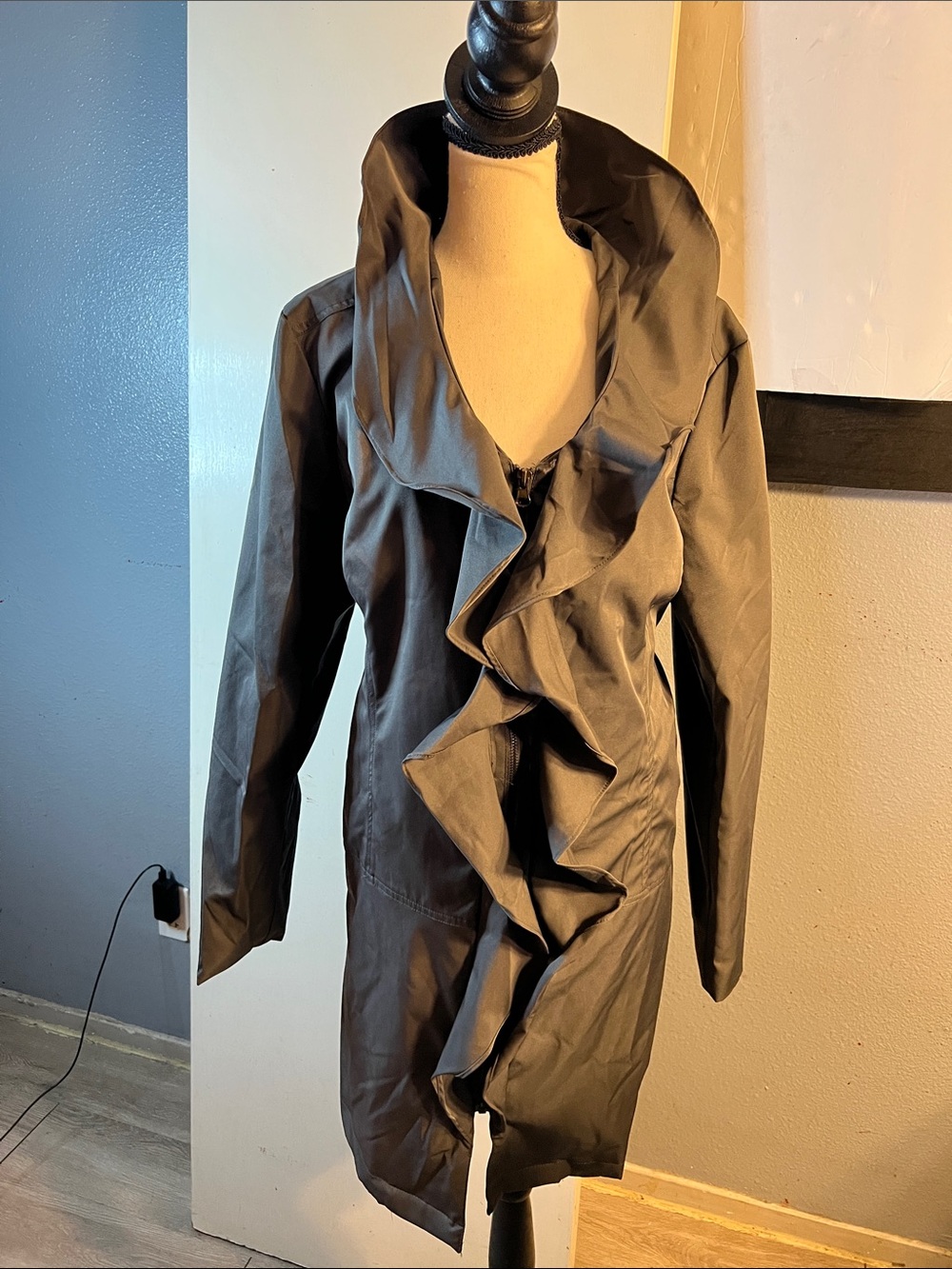 Women's Ruffle-Front Long Jacket - Black